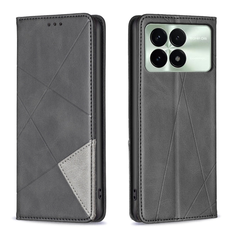 Magnetic leather phone case with rhombus texture, charcoal gray flip cover and camera cutouts.