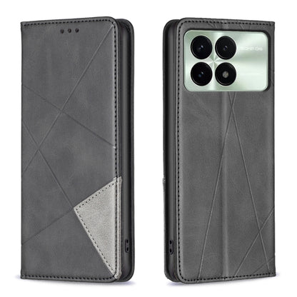 Magnetic leather phone case with rhombus texture, charcoal gray flip cover and camera cutouts.