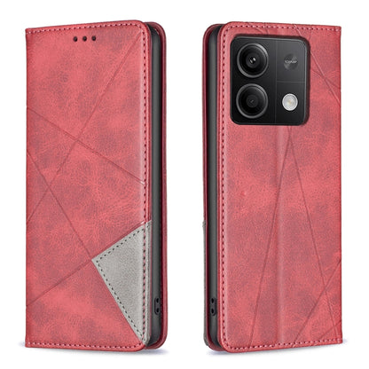 Red rhombus-pattern magnetic leather phone case with flip cover and card slot