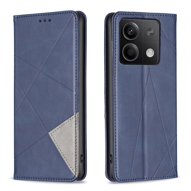 Magnetic leather phone case with rhombus texture, blue flip cover with camera cutout.
