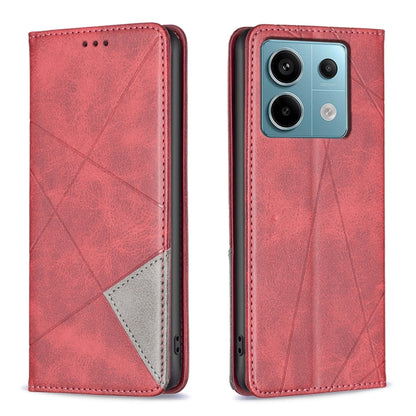 Red rhombus-texture magnetic leather phone case with flip cover and camera cutouts