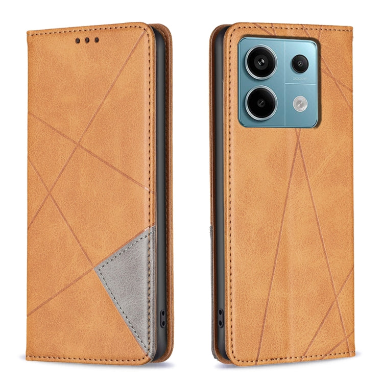 Tan rhombus-texture magnetic leather phone case with flip cover and camera cutouts