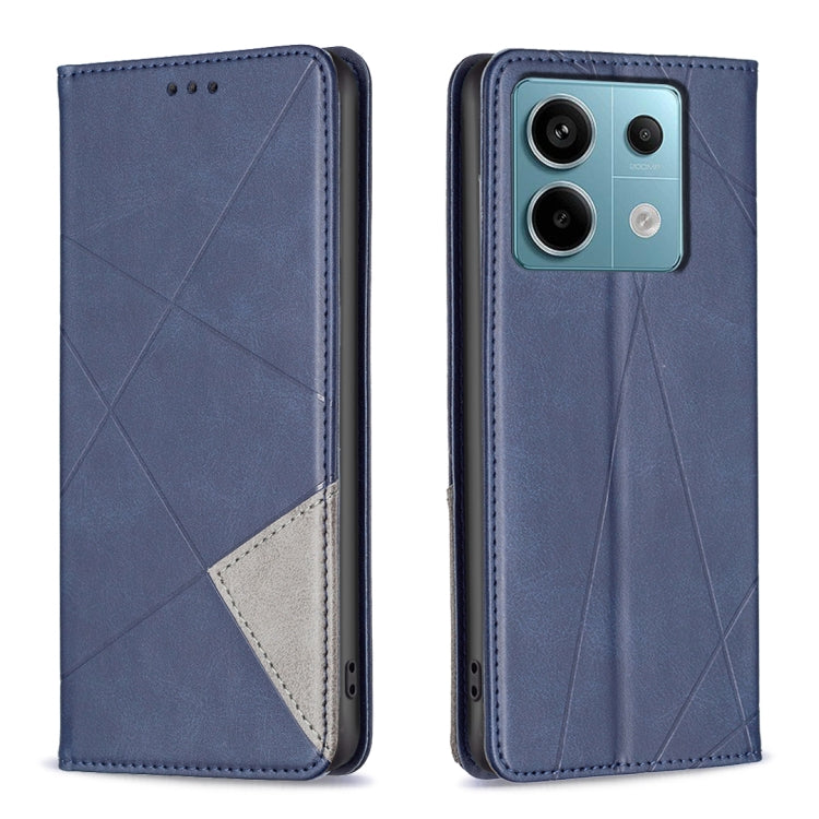 Blue rhombus-texture magnetic leather phone case with flip cover and camera cutouts