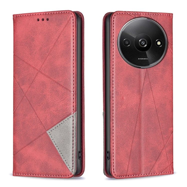 Red rhombus-pattern magnetic leather phone case with flip cover and card slot