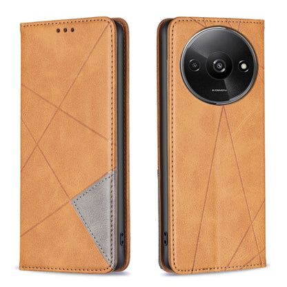 Tan rhombus-pattern magnetic leather phone case with flip cover and card slot