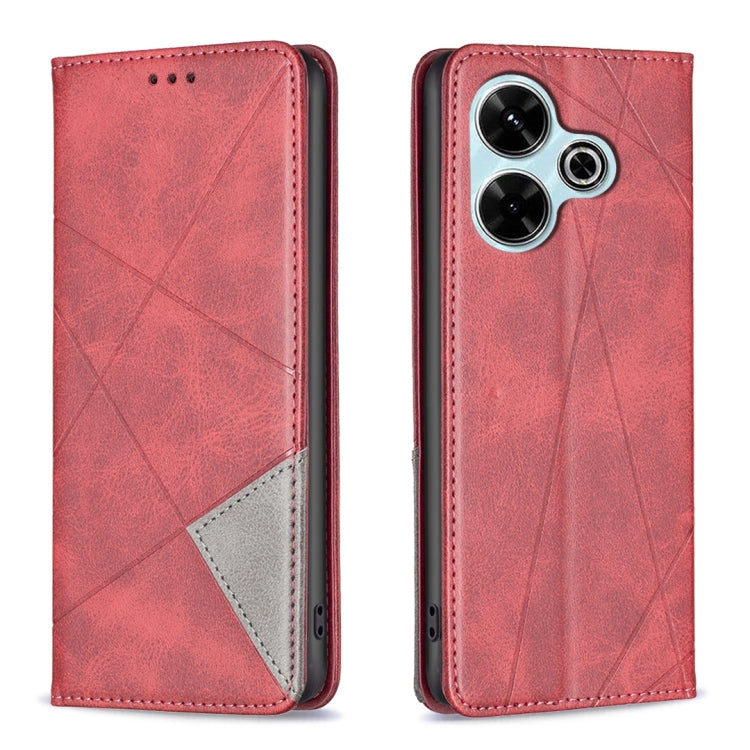 Red magnetic leather phone case with rhombus texture, flip cover, and side cutouts