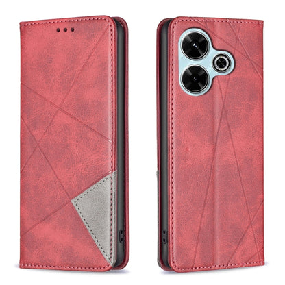 Red magnetic leather phone case with rhombus texture, flip cover, and side cutouts