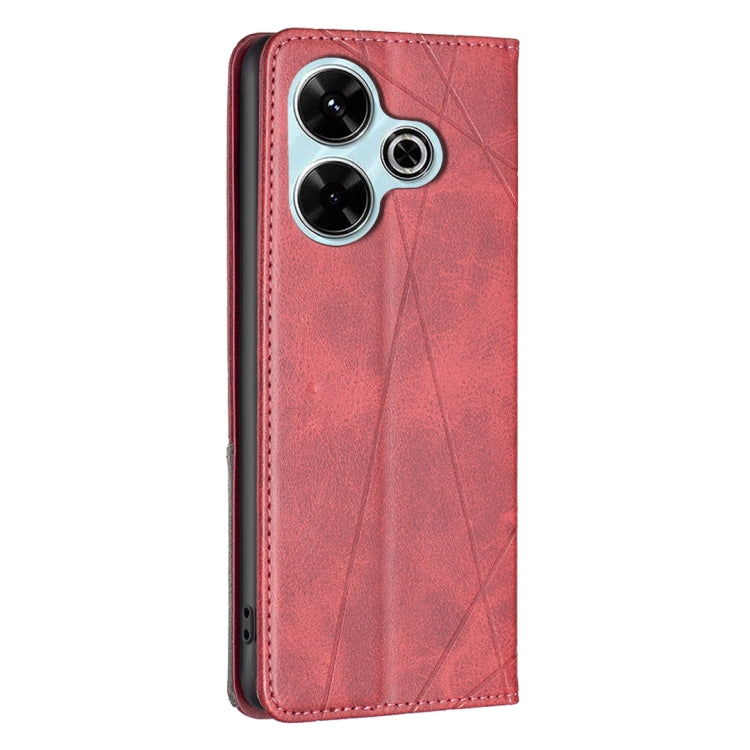 Red magnetic leather phone case with rhombus texture and camera cutout on back