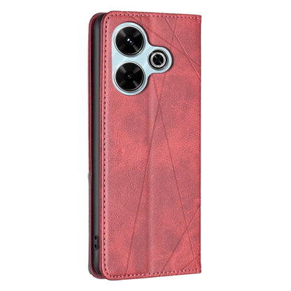 Red magnetic leather phone case with rhombus texture and camera cutout on back