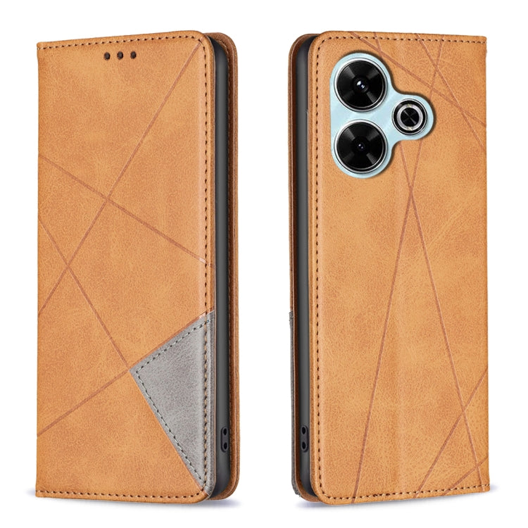 Tan magnetic leather phone case with rhombus texture, flip cover, and side cutouts