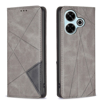 Grey magnetic leather phone case with rhombus texture, flip cover, and camera cutout