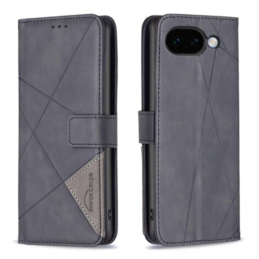 Grey leather phone wallet case with rhombus texture and magnetic buckle strap