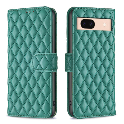 Green diamond lattice leather flip wallet phone case with magnetic strap and camera cutout
