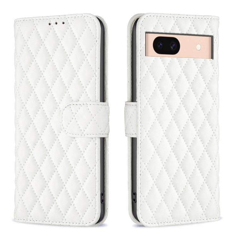 White diamond lattice leather flip wallet phone case with magnetic strap and camera cutout