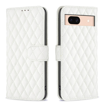 White diamond lattice leather flip wallet phone case with magnetic strap and camera cutout
