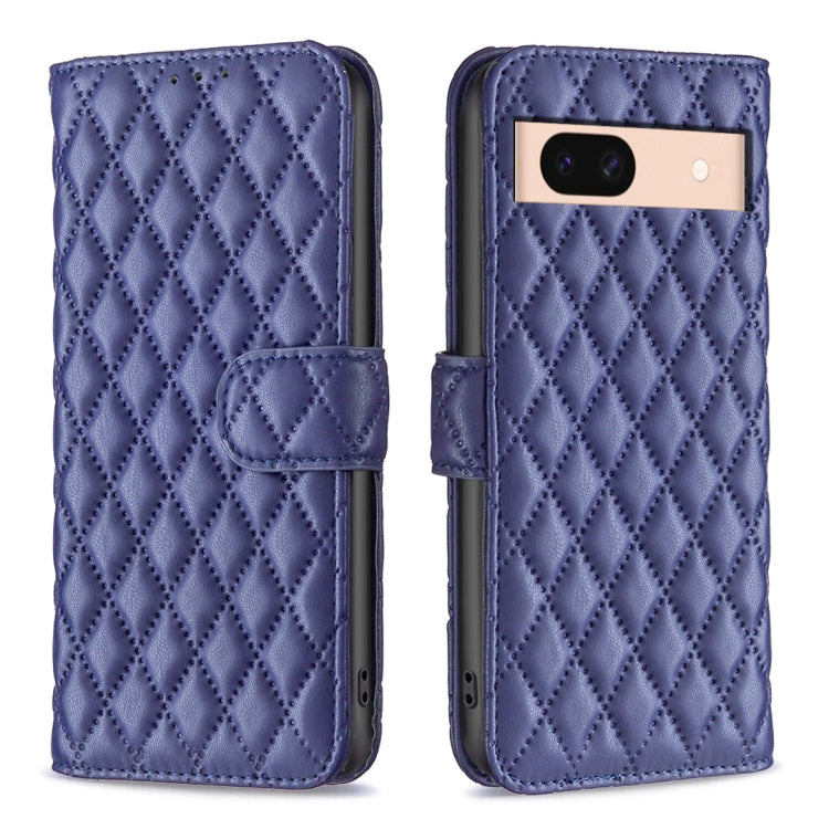 Blue diamond lattice leather flip wallet phone case with magnetic strap and camera cutout