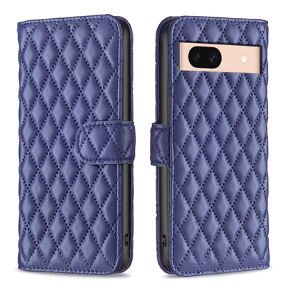 Blue diamond lattice leather flip wallet phone case with magnetic strap and camera cutout