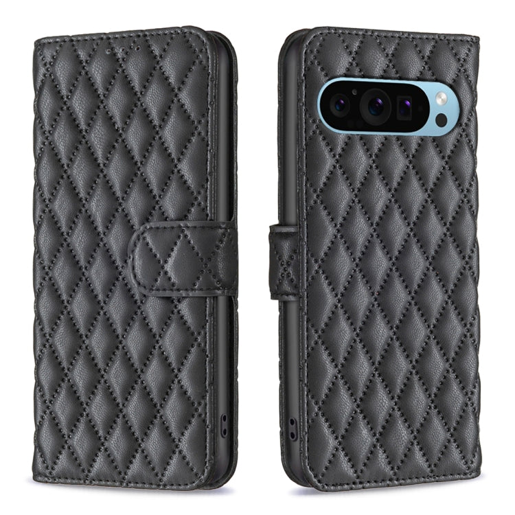 Dark gray diamond lattice leather flip wallet phone case with strap and camera cutout