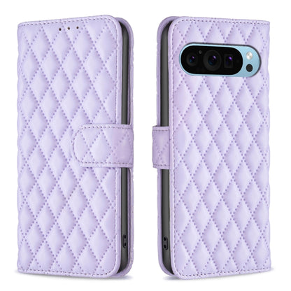Light purple diamond lattice leather flip wallet phone case with strap and camera cutout
