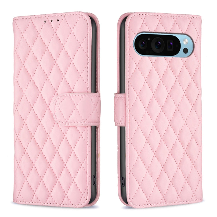 Pink diamond lattice leather flip wallet phone case with magnetic strap and cutouts