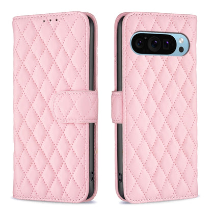 Pink diamond lattice leather flip wallet phone case with magnetic strap and cutouts