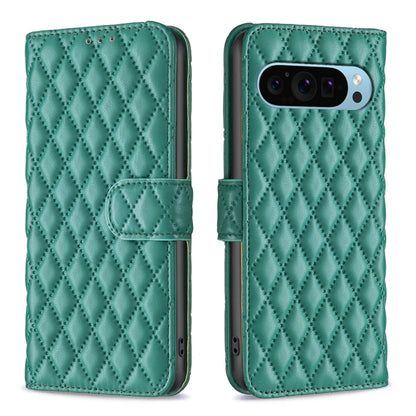 Green diamond lattice leather flip wallet phone case with magnetic strap and cutouts
