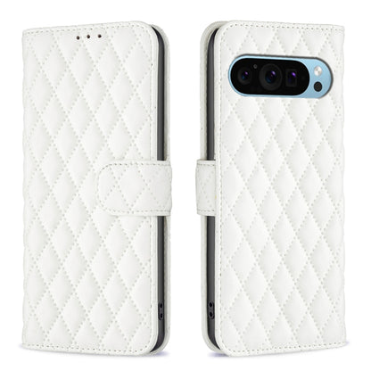 White diamond lattice leather flip wallet phone case with magnetic strap and cutouts
