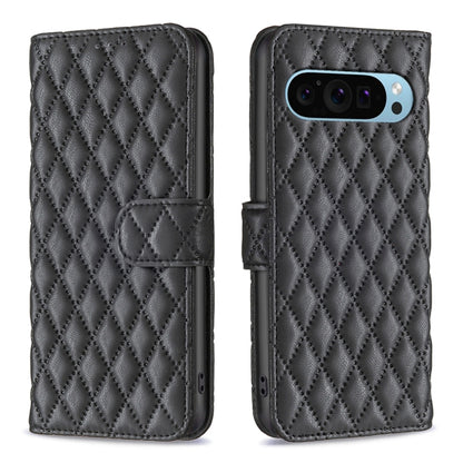 Dark gray diamond lattice leather flip wallet phone case with strap and camera cutout