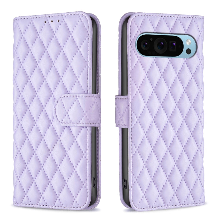 Light purple diamond lattice leather flip wallet phone case with strap and camera cutout