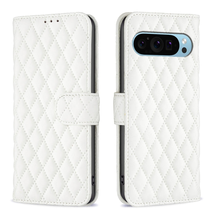 White diamond lattice leather flip wallet phone case with strap and camera cutout