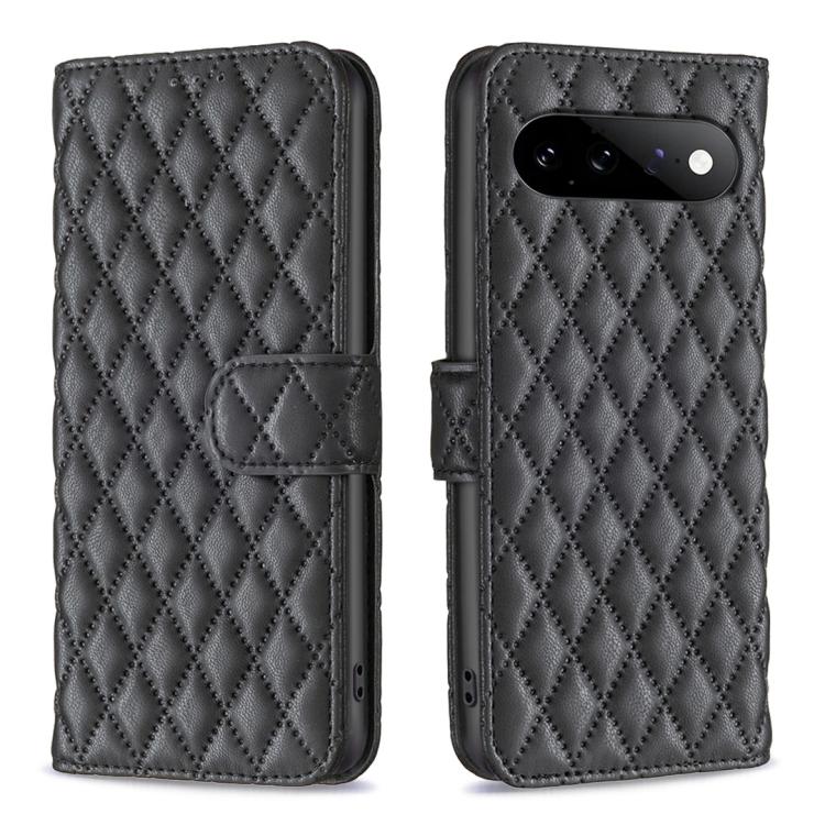 Black diamond lattice leather flip phone case with magnetic strap and camera cutout