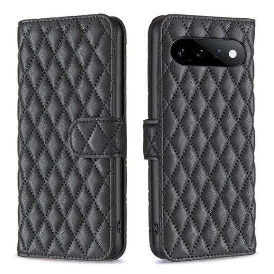Black diamond lattice leather flip phone case with magnetic strap and camera cutout