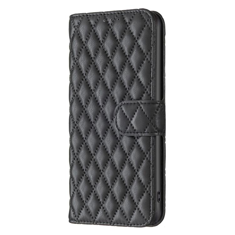 Black diamond lattice leather flip phone case with front flap pocket and strap