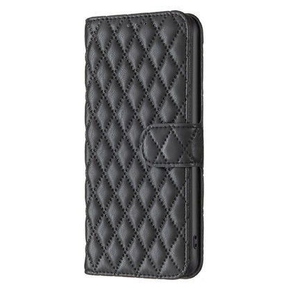 Black diamond lattice leather flip phone case with front flap pocket and strap