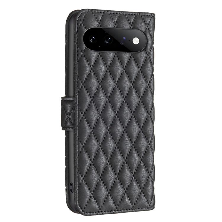 Black diamond lattice leather flip phone case with camera cutout and front strap
