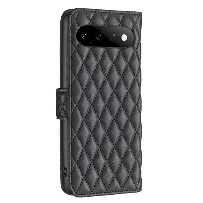 Black diamond lattice leather flip phone case with camera cutout and front strap