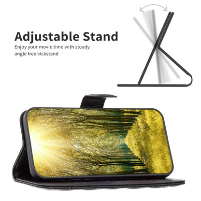Black leather flip phone case with diamond pattern and adjustable stand for viewing