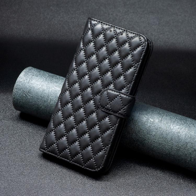 Black diamond lattice leather flip phone case with side buckle strap