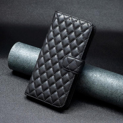 Black diamond lattice leather flip phone case with side buckle strap