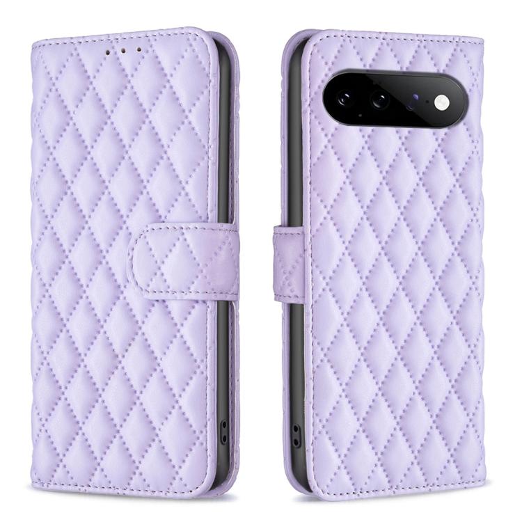 Lavender diamond lattice leather flip phone case with front flap strap and camera cutout