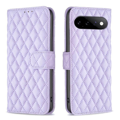 Lavender diamond lattice leather flip phone case with front flap strap and camera cutout