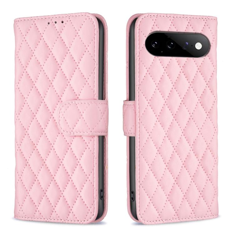 Pink diamond lattice leather flip phone case with front flap strap and camera cutout
