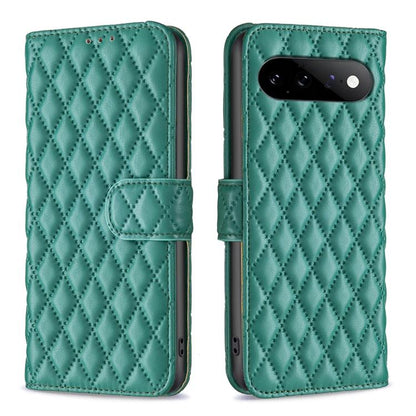 Teal green diamond lattice leather flip phone case with front strap and camera cutout