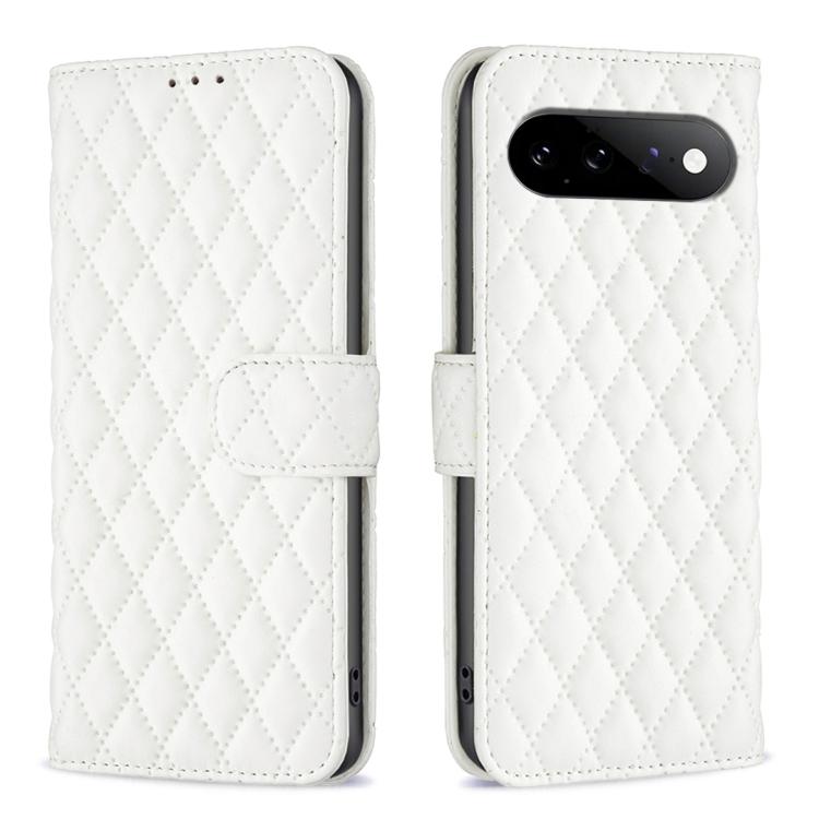 White diamond lattice leather flip wallet phone case with strap and card slot