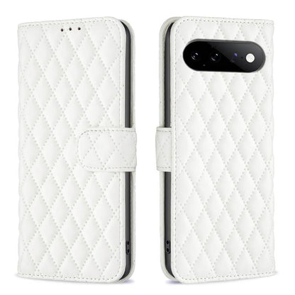 White diamond lattice leather flip wallet phone case with strap and card slot
