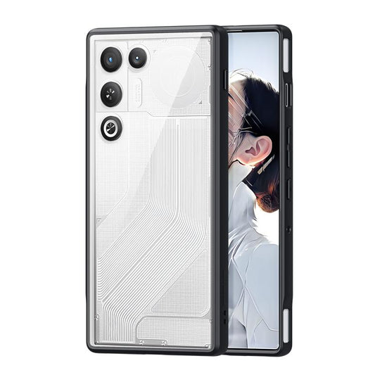 Frosted white phone case with black bumper, protecting camera and screen edges