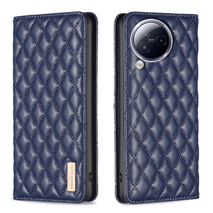 Blue diamond-lattice leather flip phone case with magnetic flap and camera cutout