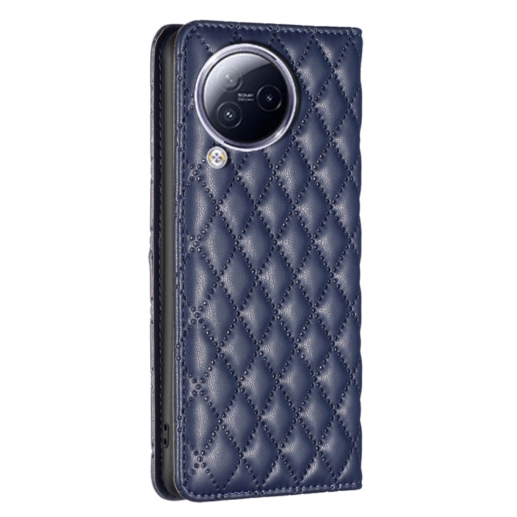 Blue diamond-lattice leather flip phone case with back camera cutout