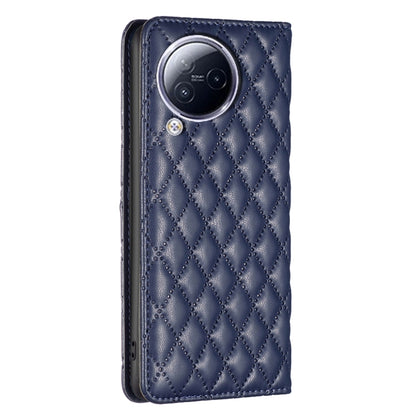 Blue diamond-lattice leather flip phone case with back camera cutout