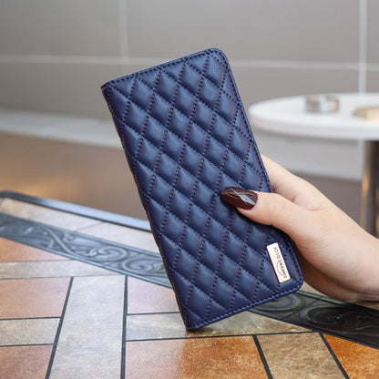 Blue diamond-lattice leather flip phone case held in hand, stitched quilted design